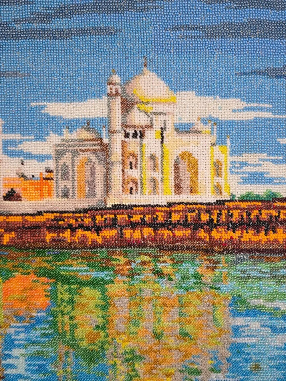 Handmade Czech Beaded Embroidery Taj Mahal Beadwork Art on Canvas India Landmark